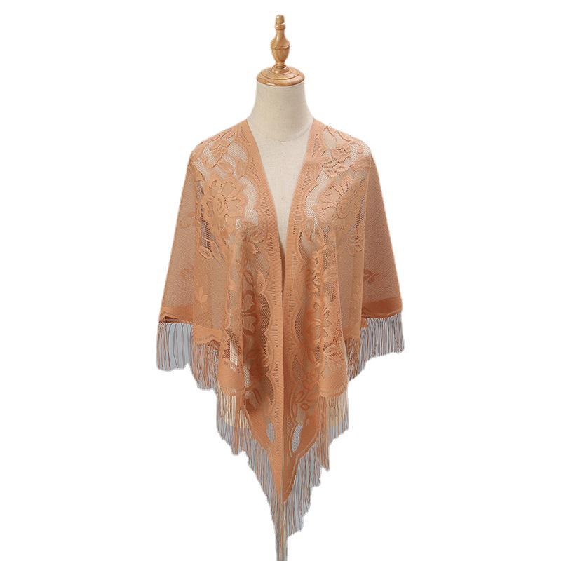Women's Breathable Solid Color Tassel Triangle Scarf Shawl - Nylon, Hollow Out Design