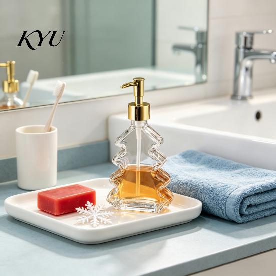 Christmas Table Centerpiece 300ml Tree Soap Dispenser, Glass Hand Dish Dispenser with Pump, Sturdy Xmas Decorative Empty Bottle for Soap, Kitchen,
