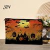 Durable Canvas Organizer for Travel Halloween Storage Bag, with Pumpkin Ghost Print, Washable Makeup Large Capacity Pouch, And Stationery Compact