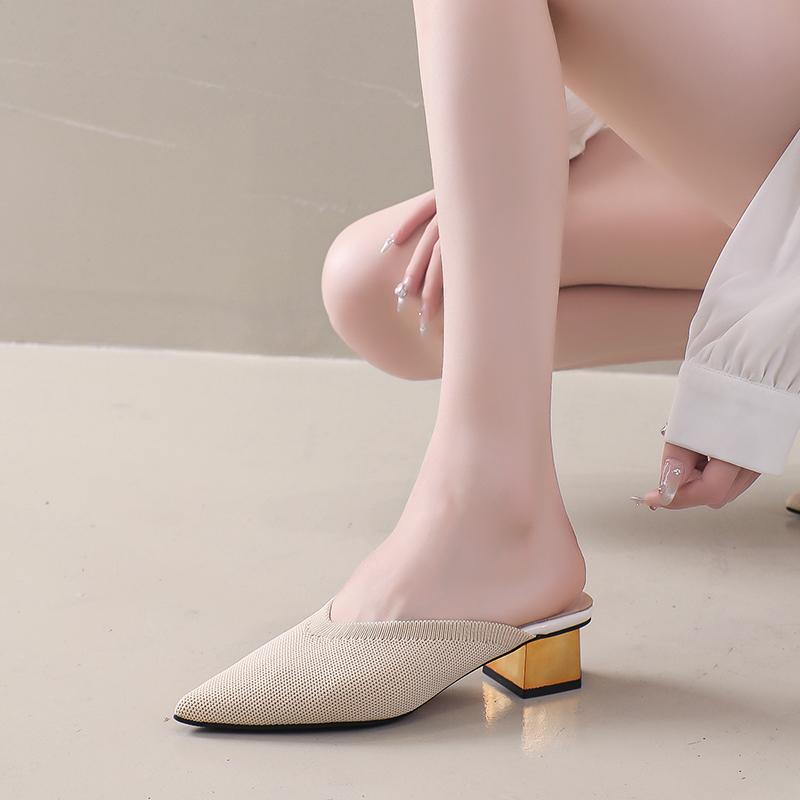 Fashion 2025Summer Women's Knitted Slider Mule New Elegant Mesh Breathable Shoe Slipper Closed Toe Slider Shoes Splice Solid Color