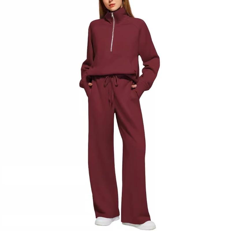 Damen Zweiteiler Oversized Halbreißverschluss Sweatshirt und Weite Hose Lässiges Set