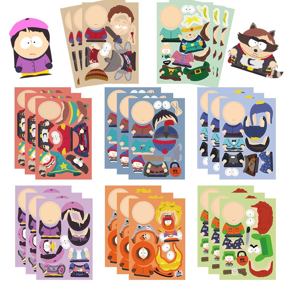 8 Sheets Cartoon South Park PARK Make A Face  Puzzle Stickers For Luggage Phone Case Laptop Notebook Decals Kids Gift