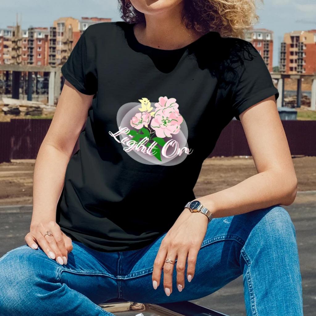 Summer Womens Short Sleeve CottonTShirt Light On Flower Print for Outdoor Summer Evenings Young Women with an Inspiring Style