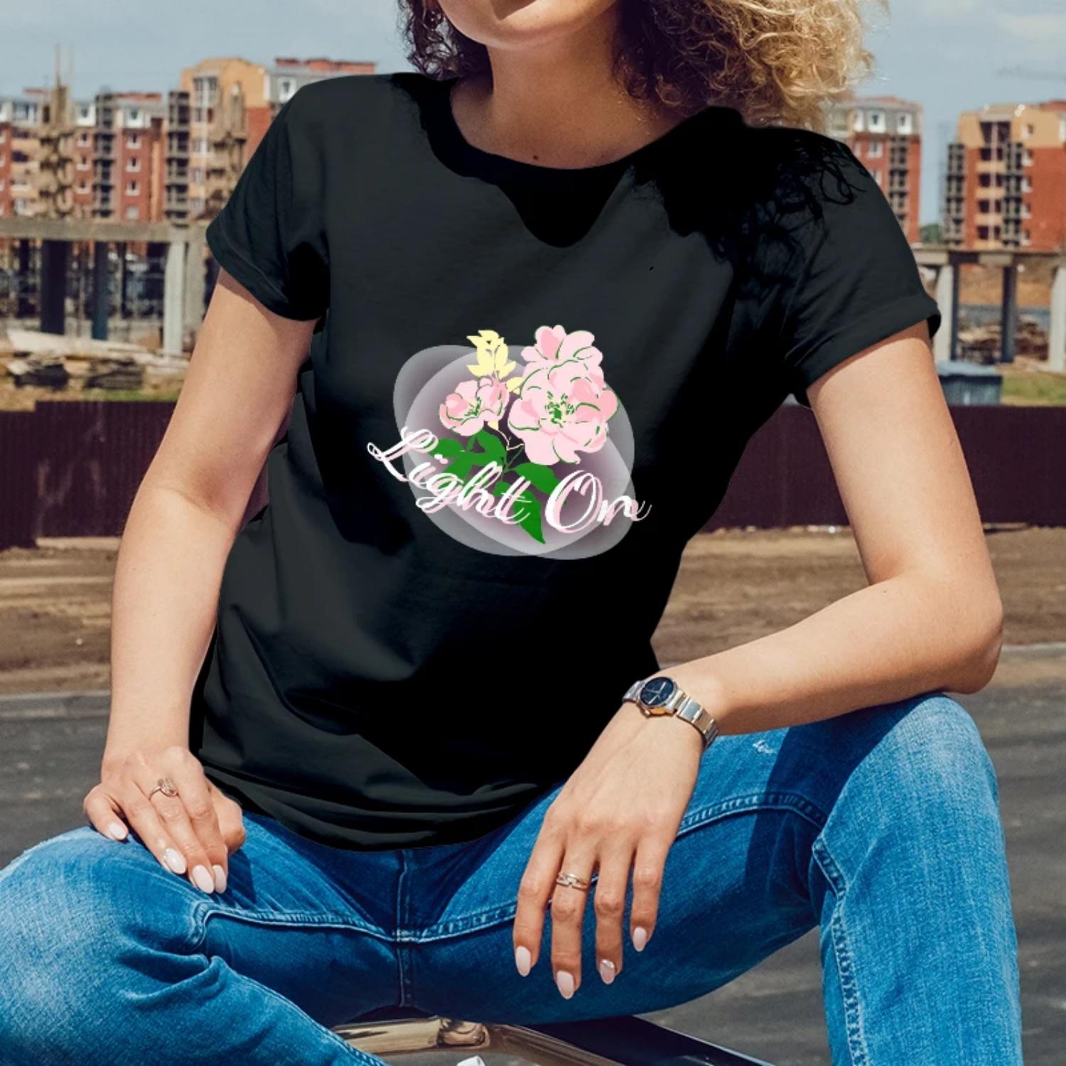 

Summer Womens Short Sleeve CottonTShirt Light On Flower Print for Outdoor Summer Evenings Young Women with an Inspiring Style XXXXXL чорний