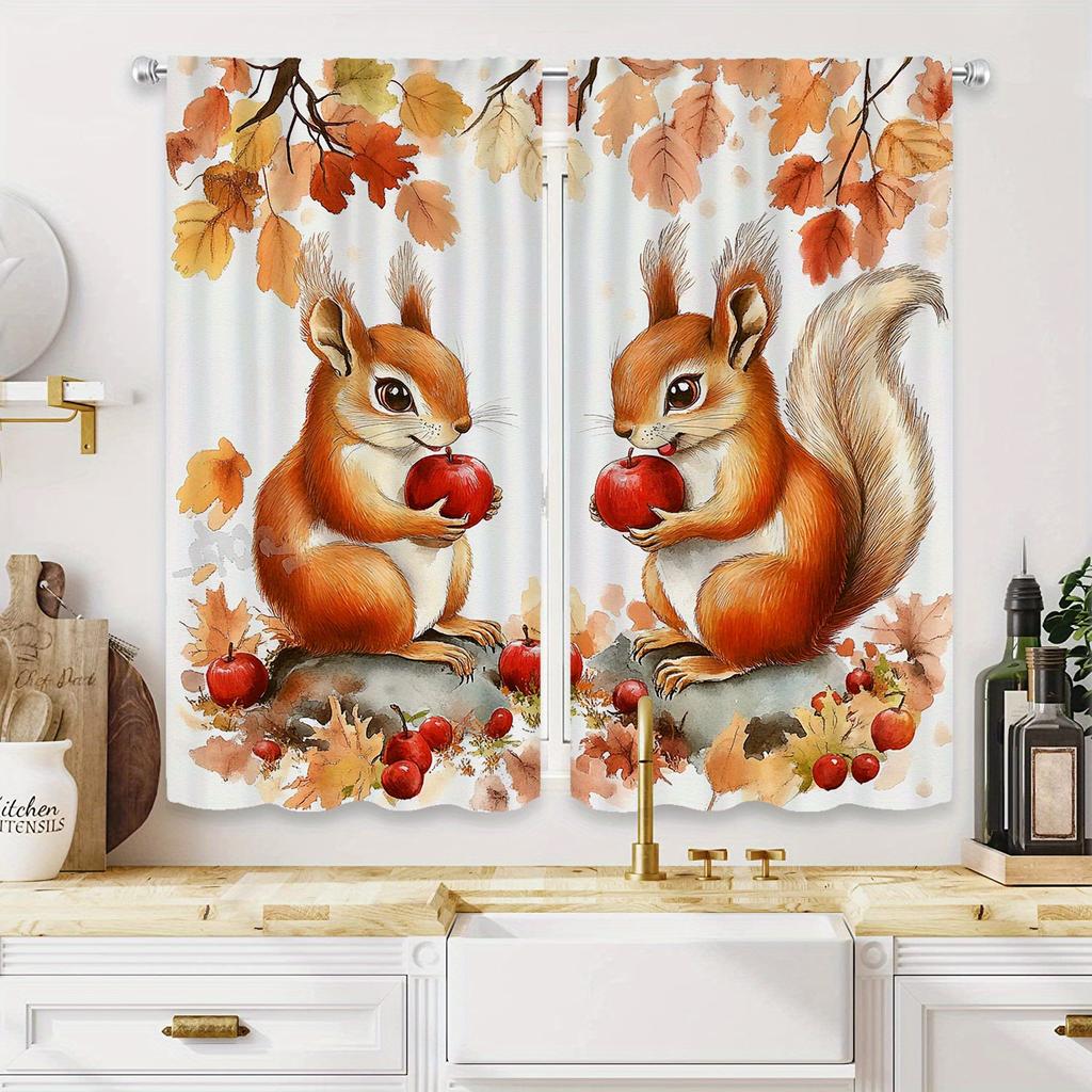 2 pieces of autumn squirrel print curtains, polyester fabric, machine washable, suitable for bedroom living room decoration