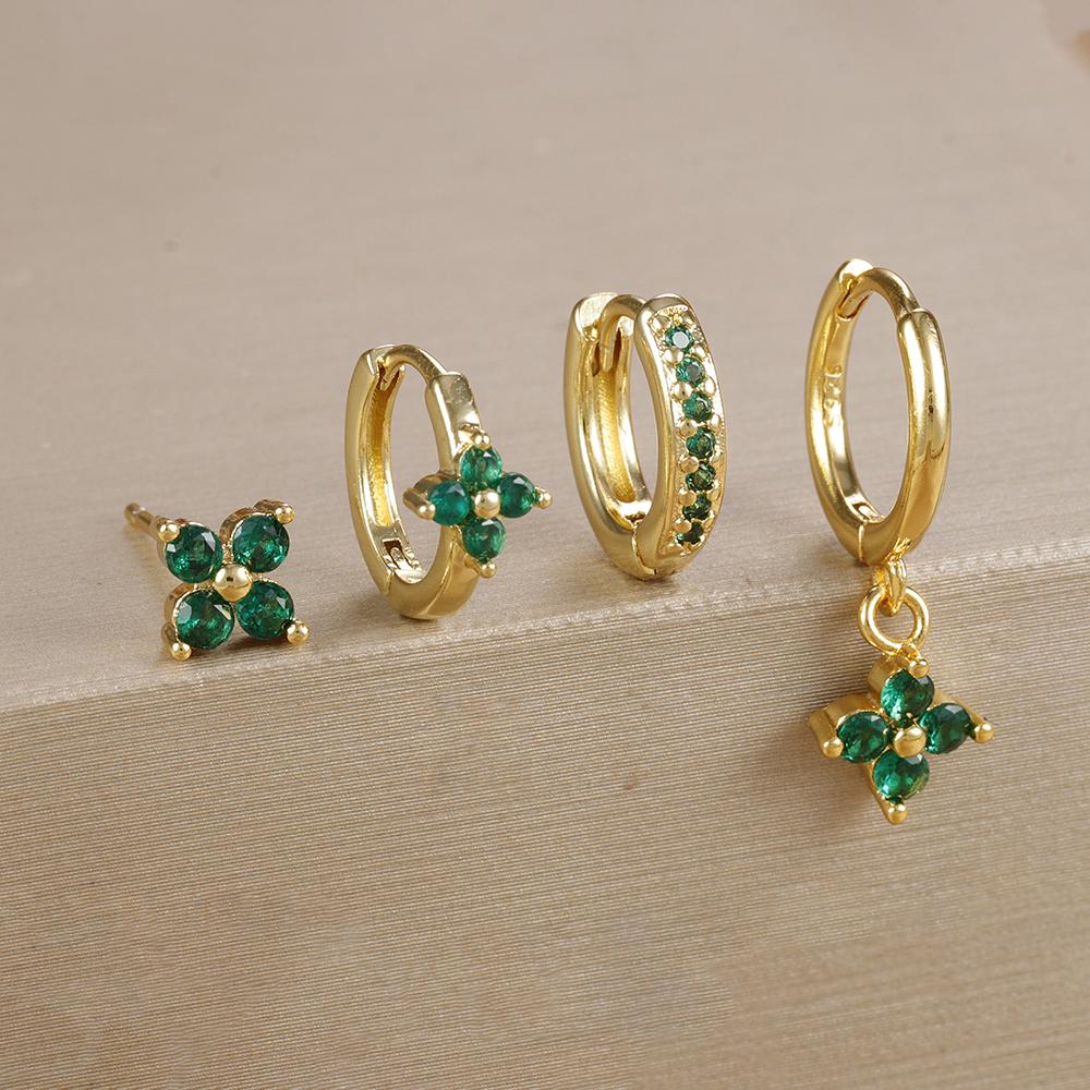 4pcs Fashion Cubic Zirconia Flower Hoop Earrings Set 18K Gold Plated Stainless Steel Stud Earring Piercing Jewelry Aretes Mujer