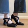 2025 Spring And Summer New Cross Elastic Band Retro Thick Heel Mary Jane One Foot High Heels Women Singles Pointed Ballet Shoes