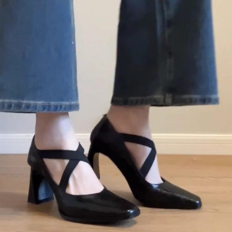 2025 Spring And Summer New Cross Elastic Band Retro Thick Heel Mary Jane One Foot High Heels Women Singles Pointed Ballet Shoes