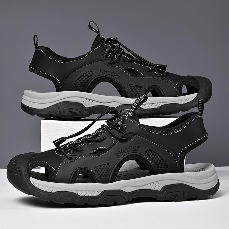 Fashion New Trend Men's Anti-collision Toe Sandals Handmade Leather Summer Flat  Fashion Male Suitable Beach Shoes Non-slip Walk Sandaly