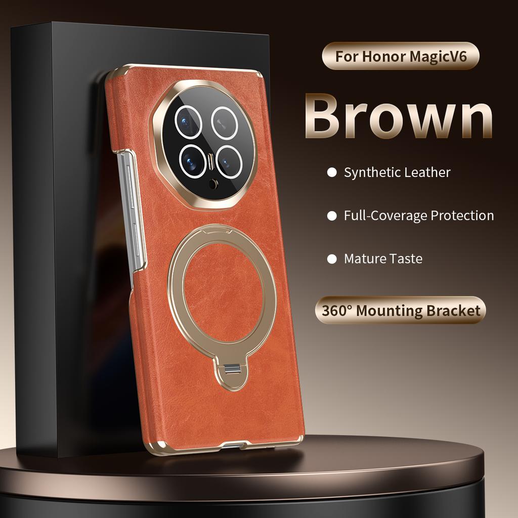 Premium Oil Wax Texture Leather Case for Honor Magic V6 Dual-Axis Hinge All-Inclusive Lens Protection Invisible Ring Stand Cover