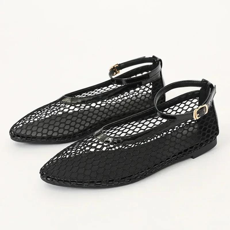Fashion Hollow Design Mesh Breathable Women's Flats Sexy T-Strap Belt Buckle Ballet Shoe Non-Slip Soft Sole Cozy Shoes for Women