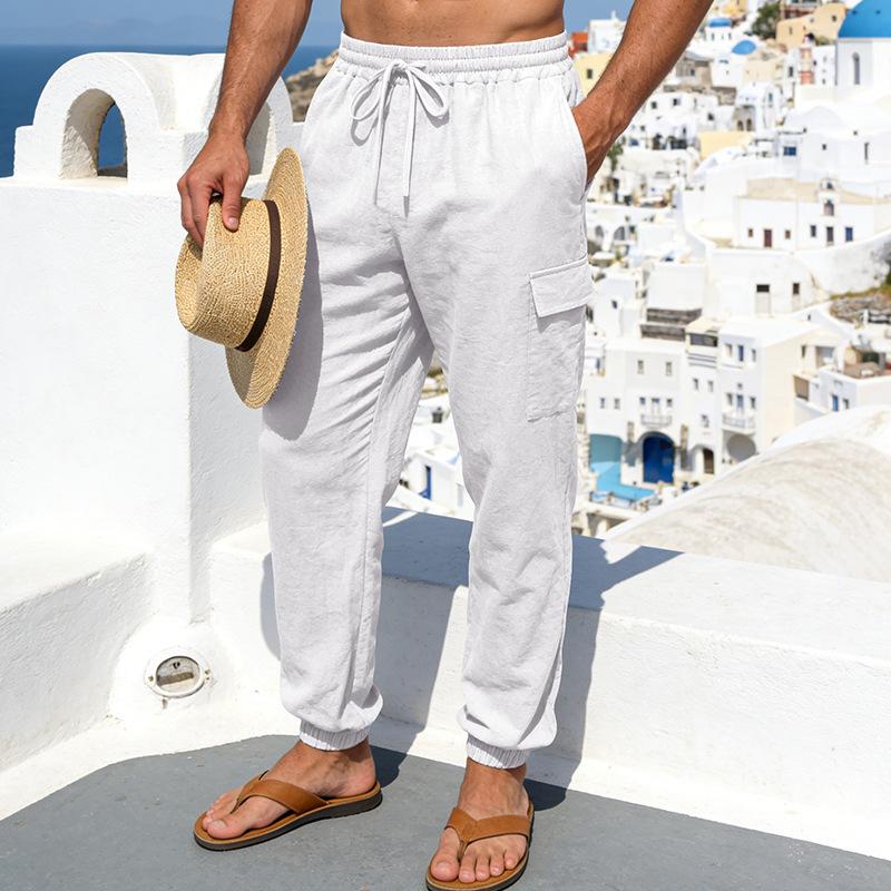 Men s Linen Multi-Pocket Workwear Outdoor Loose-Fit Breathable Sports Casual Trousers S белый