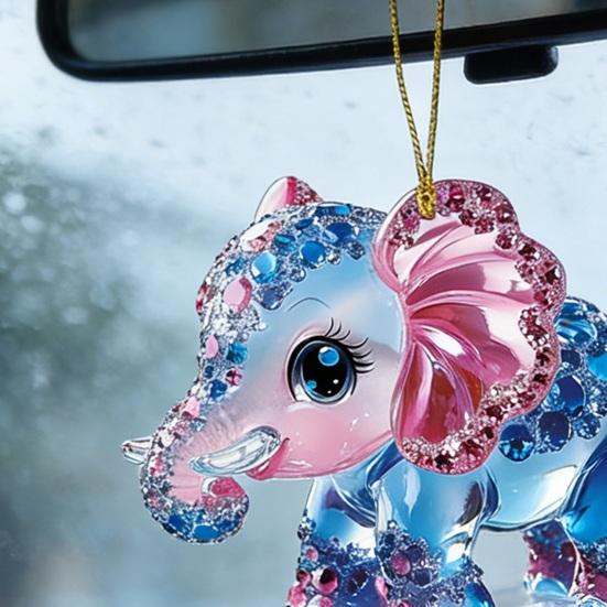 Auto Hanger met Lanyard Sprankelende Strass Steentjes 2D Acryl Olifant Ontwerp Kleurverloop Mini Acryl Ornament Sleutel Bureau