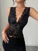 2025 Spring/Summer Women's Slim-Fit Flocked Mesh Black Lace V-Neck Vest Top
