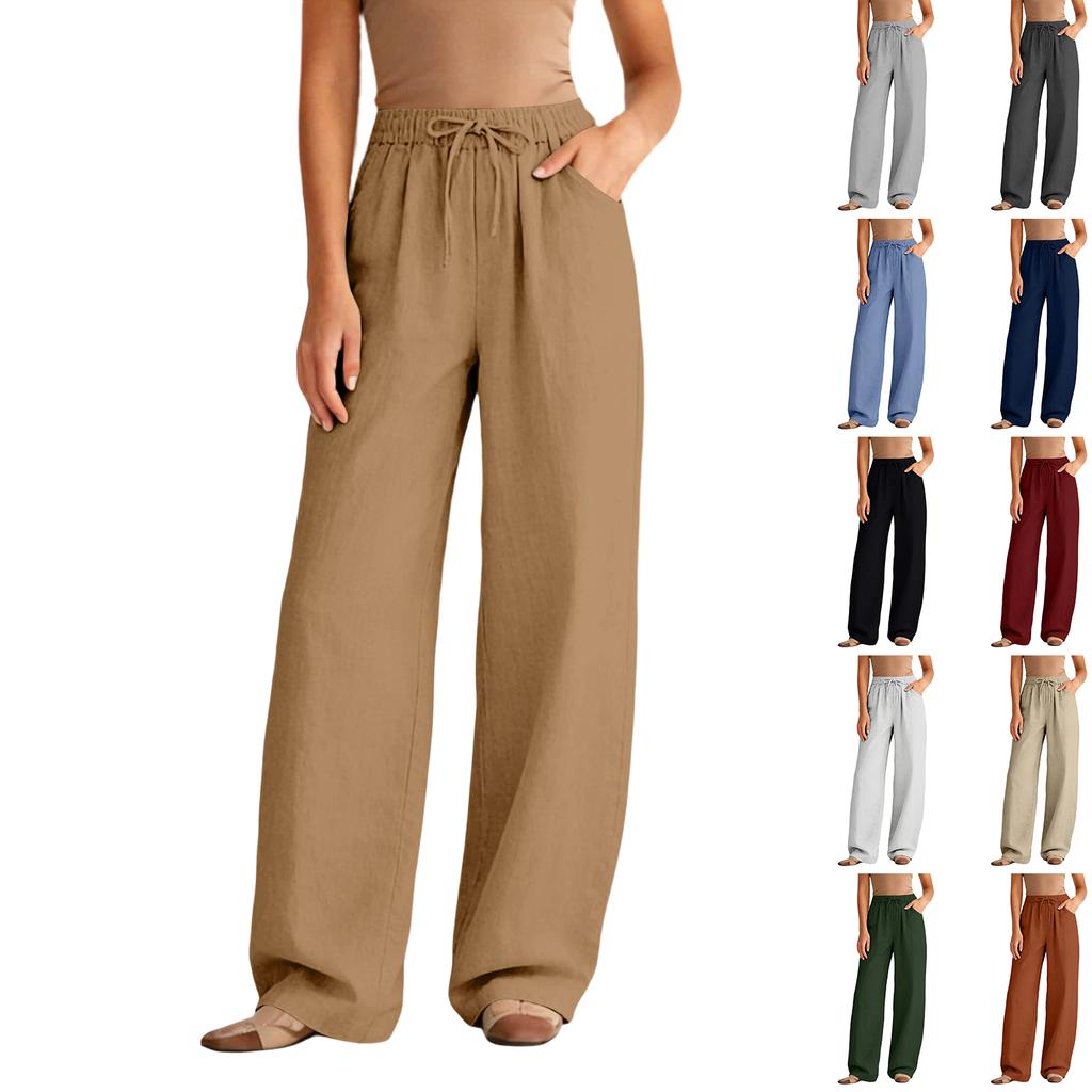 Women's Casual Relaxed Fit High-Waisted Belted Pocket Cotton-Linen Blend Trousers
