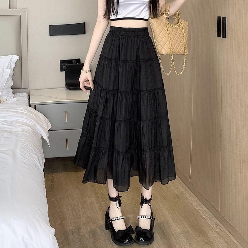 Women's Summer Ruffled Tencel Chiffon A-Line Tiered Skirt Mid-Length High Waist Slimming Skirt