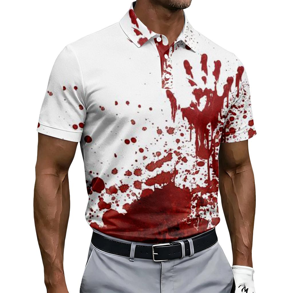 Men's Short Sleeve Polo Shirt Halloween Print Button Down Casual Fit Breathable Lightweight Fabric Classic Collar Summer Top