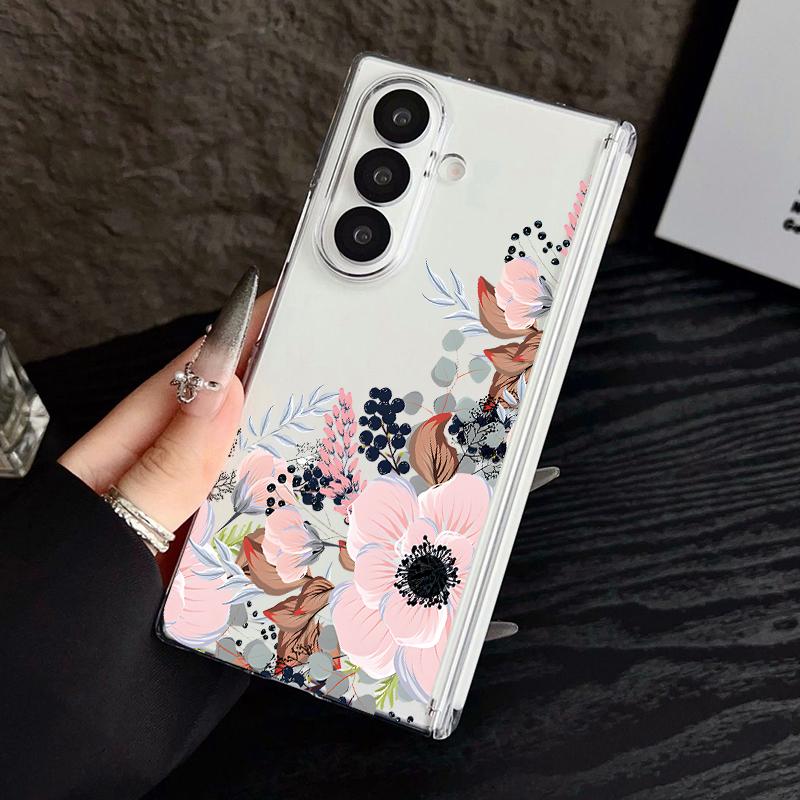 Magnetic Adsorption Phone Case For Samsung Galaxy Z Fold 7 6 5 Fold7 Fold6 Fold5 5G Retro Flowers Pattern Clear Shockproof Cover