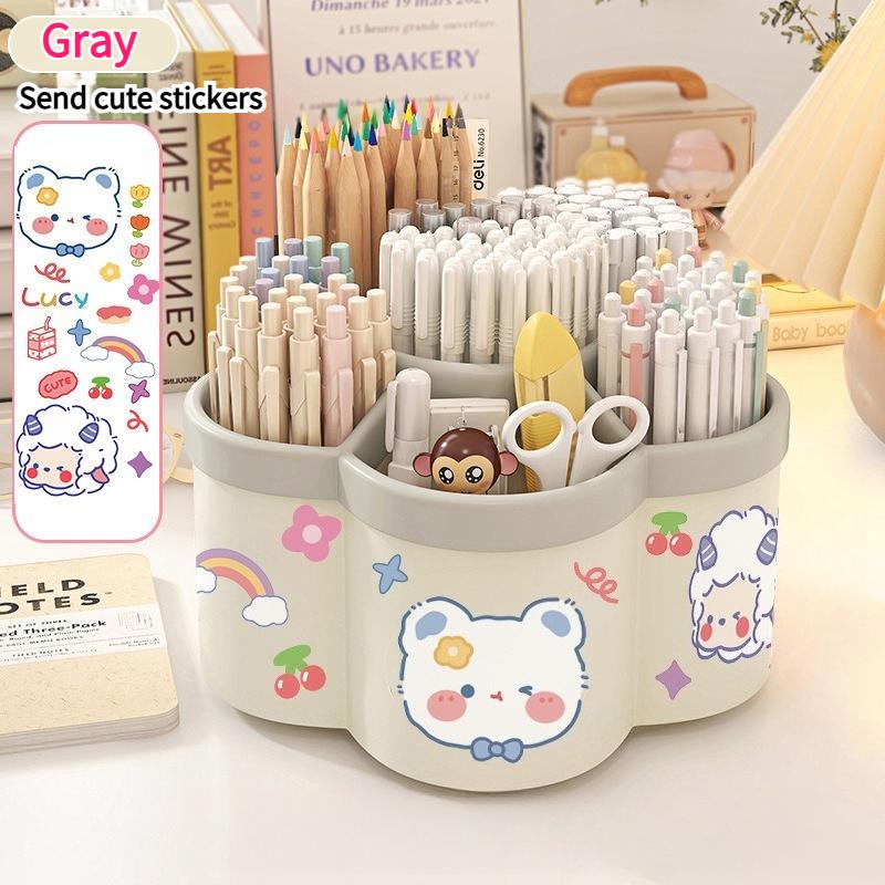 

Cute Rotating Desktop Organizer Box Versatile Stationery Makeup Brushes Lipsticks Eyebrow Pencils Storage Multiple Compartments серый