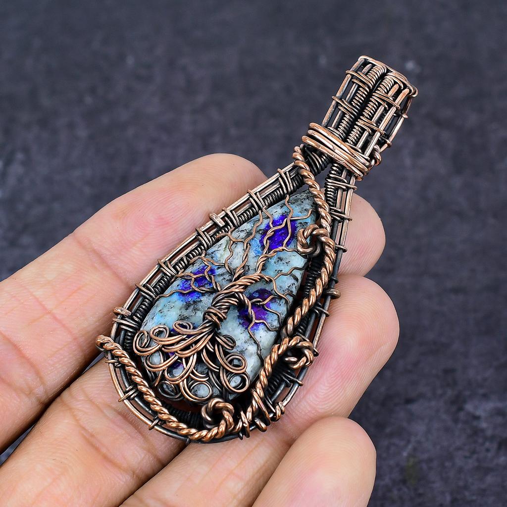K2 Blue Azurite Gemstone Copper Wire Wrap Jewelry Pendant 2.84"