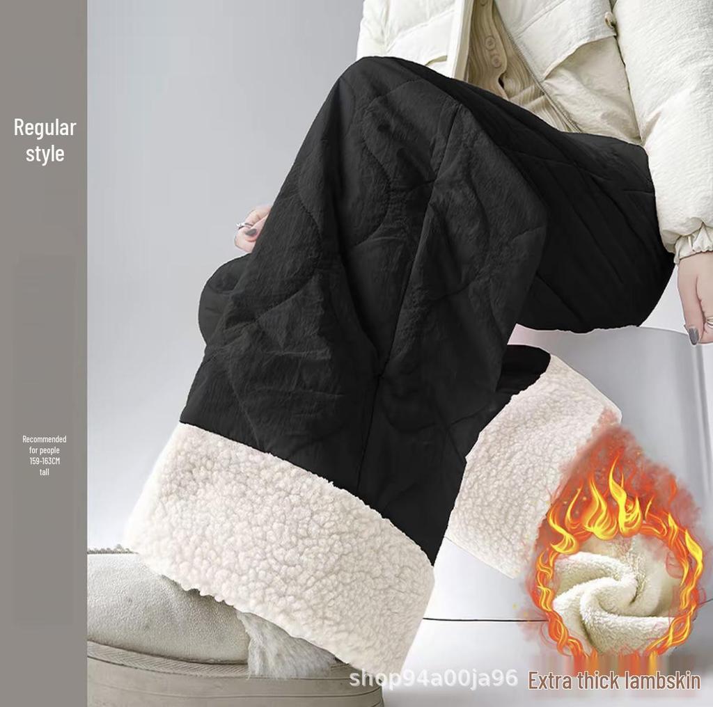 Women's Pink Fleece Cotton Wide-Leg Pants - Winter 2025 Casual Warm Plus Velvet Design