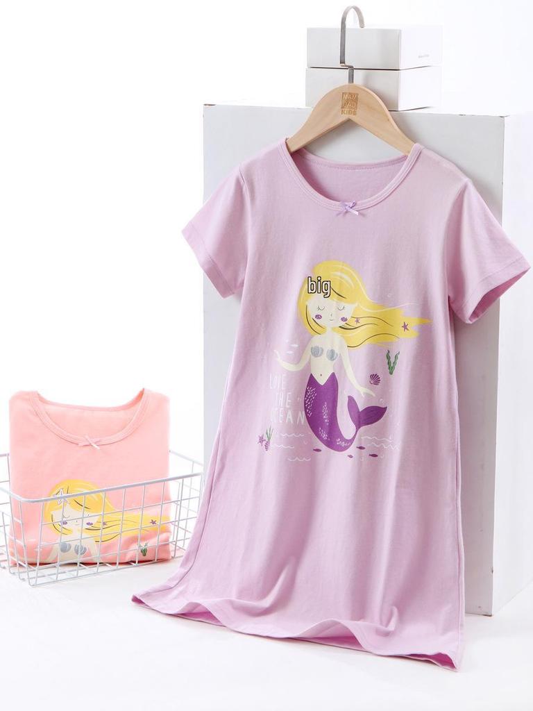 Girls' Summer Short-Sleeve Cotton Mermaid Nightgown