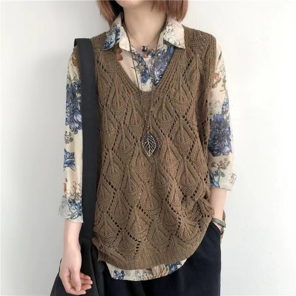New, Retro, V-neck, Crochet, Knitted Sweater, Sleeveless Vest, Top, Loose, Hollowed Out, Pullover Vest
