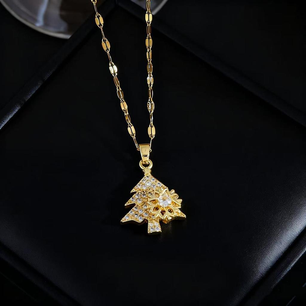 Christmas Tree & Cross Titanium Steel Necklace - Fashionable Women's Design with Micro-Inlaid Copper