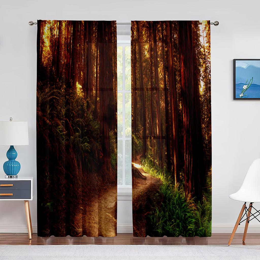 2panels Woodland Forest Foliage Sunbeams Nature View Curtains for Living Room Bedroom Kitchen Decor Sheer Curtains Window Drape