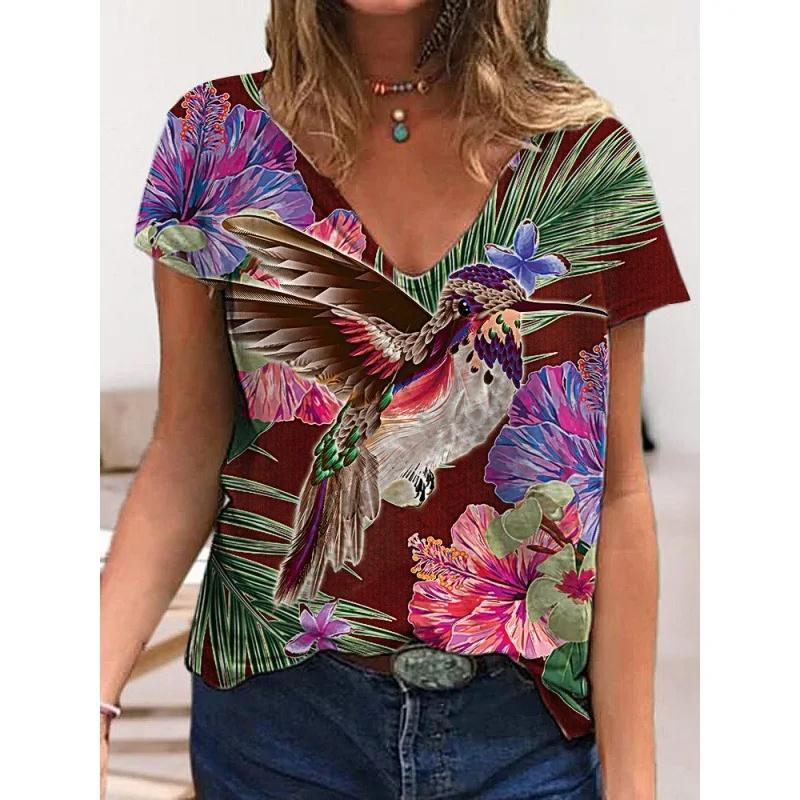 Sommer Damen Kurzarm T-Shirt Schmetterling V-Ausschnitt 3D Druck Freizeit Oberteil Mehrere Stile und Größen zur Auswahl