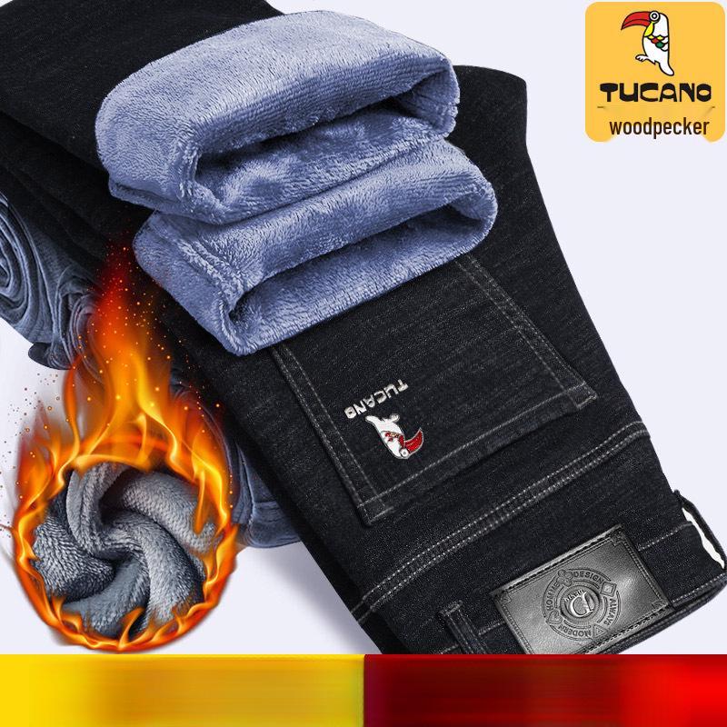 Woodpecker Men's Fleece-lined Straight Leg Stretch Jeans - Loose Fit, Plus Size, Warm Casual Pants for Autumn/Winter