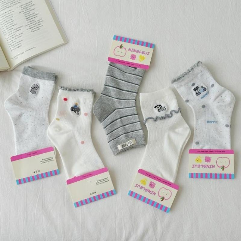 Sock Children's Summer Embroidery Dog Mid-length Socks, Cute Fabric Label, School-style Striped Pile Socks