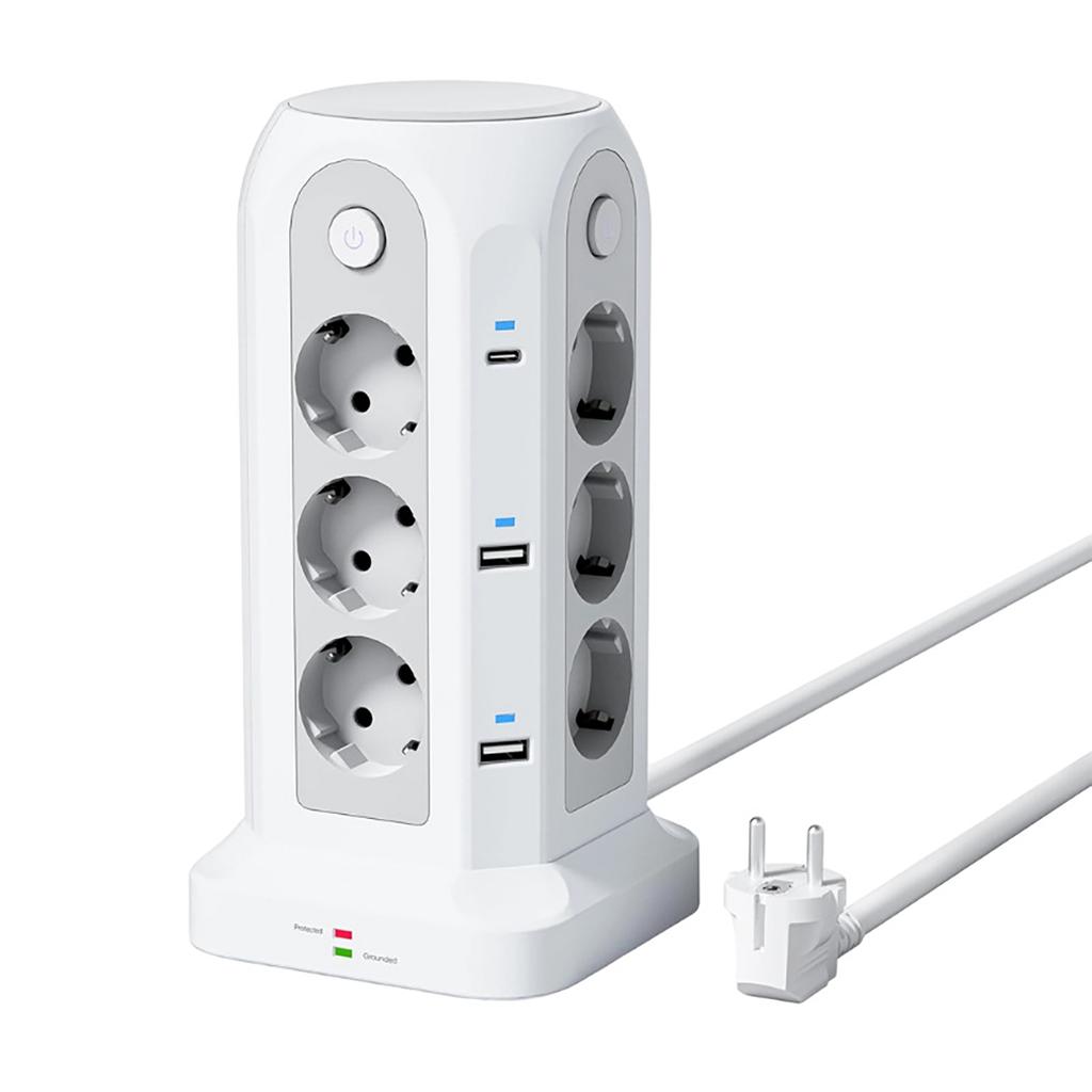 18 IN 1 Multi-socket Power Strip with 12 Outlet 4 USB 2 Type C 4 Switches Tower Socket Surge Protection 5M Extension Cord