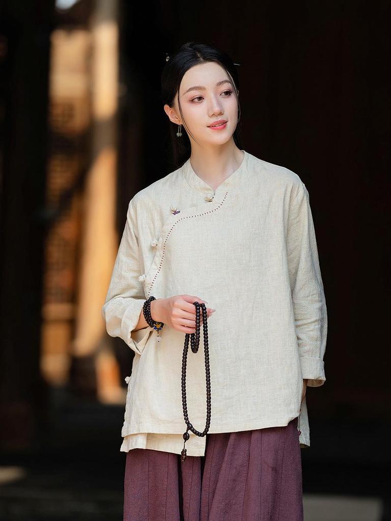 New Women's Cotton Linen Retro Stand Collar Shirt with Frog Buttons