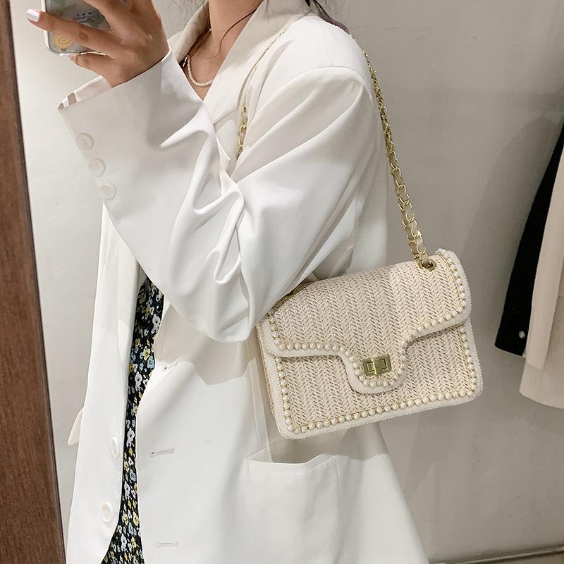 Female straw chain shoulder bag small square beach bag feminine crossbody pearl bag new fashion