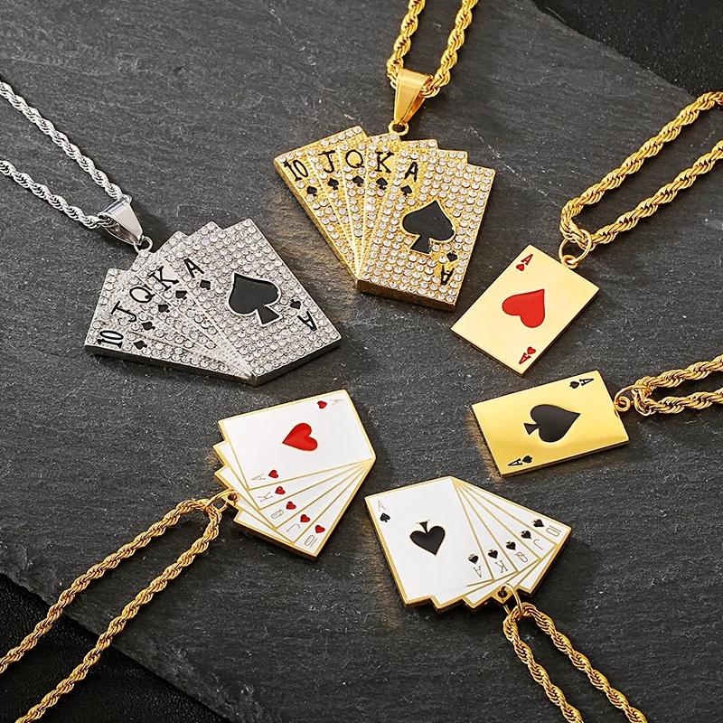 Pánský Hip Hop Pokerová Karta Přívěsek Náhrdelník Bling Kamínky Hrací Karta Řetízek Nerezová Ocel Streetwear Šperky pro Party Dárek
