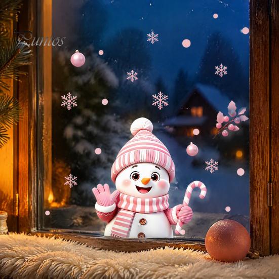 Party Atmosphere Wall Decorations Christmas Snowman Static Glass Stickers, Decorative Pink Decals, Waterproof PVC Creative Gift for Friends