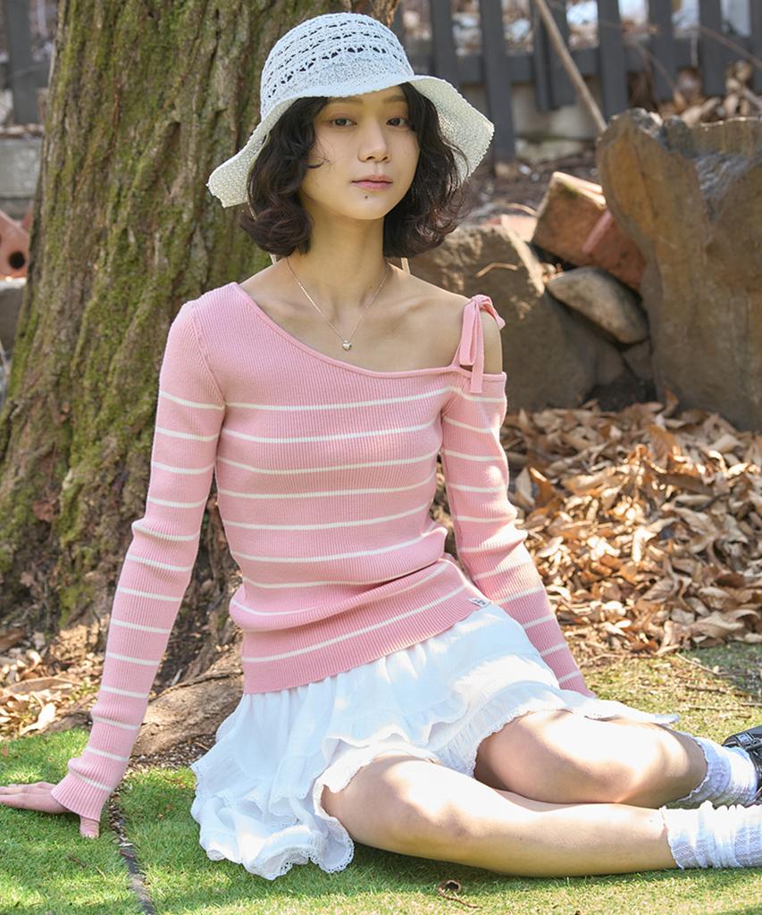 THE GREEN LAB Striped Shoulder Strap Detail Knit [Pink]