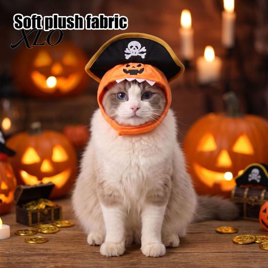 Soft Fabric Pet Costume Cat Pumpkin Pirate Hat, Halloween Cozy Funny Comfortable Kitten Winter Cap Cosplay Hat for Cats, Small Dogs, Holiday