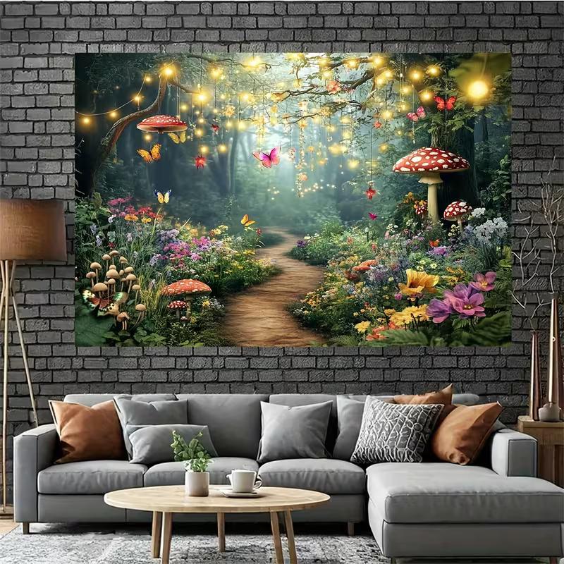 2D Printed Enchanted Fairy Forest Backdrop, Glowing Firefly & Mushroom Path Photo Background for Studio