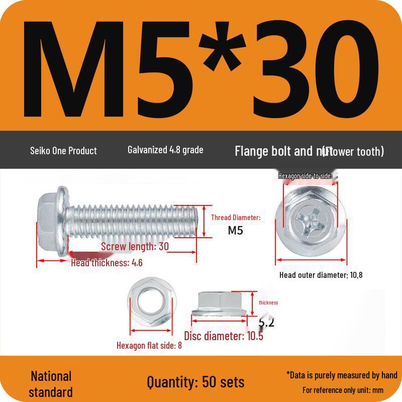 4.8 Grade Galvanized Hex Bolt Set with Anti-slip Washer & Nut, Cross Flange Head, M4/M5/M6/M8mm