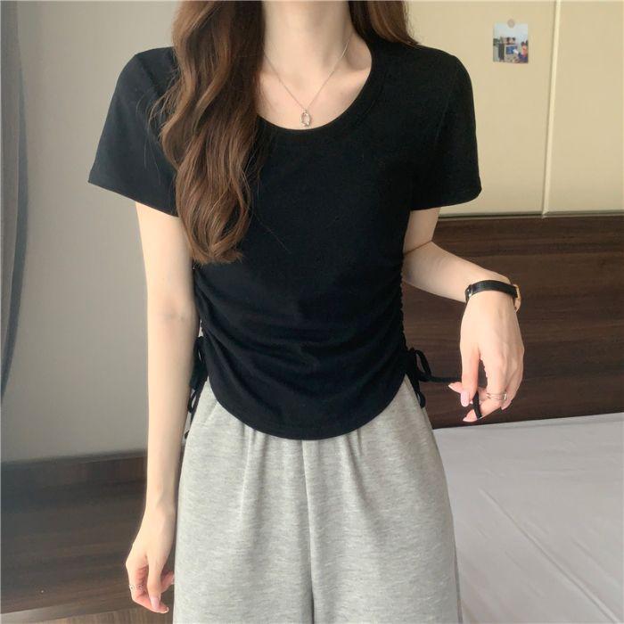 

Women s Slim Fit Crew Neck Drawstring Short Sleeve Top - Korean Style Solid Color Summer Tee Extra Large чорний