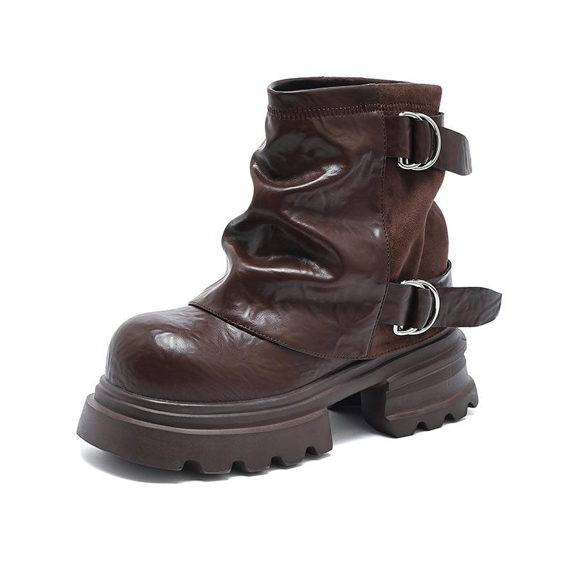 Inner height-increasing brown short boots women's autumn new thick-soled pleated stacking boots belt buckle brown trouser tube boots