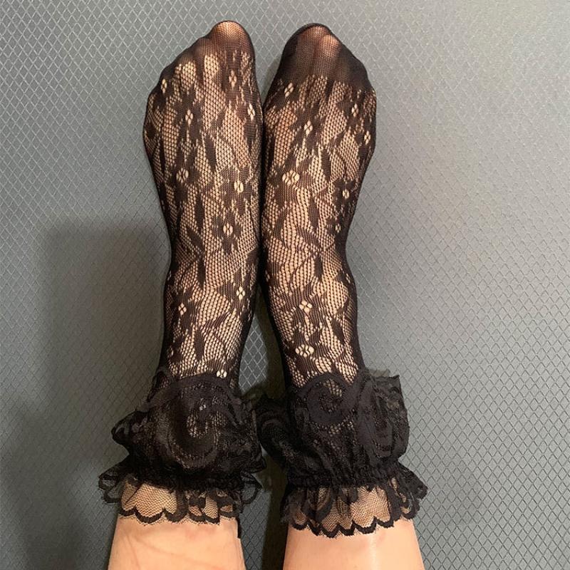 Women Retro Gothic Summer Lace Top Floral Fishnet Ankle Socks Lady Black Nylon Short Lace Stockings 23 Models Shoe Size 5-10