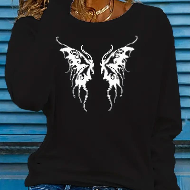 Tops For Women Butterfly Wings Print Round Neck Long Sleeve T-shirt Fall Casual Slim Pullover Women's Long Sleeve Top