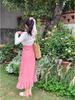 Plus Size Rose Pattern French Style Strappy Dress with Waist Cinching, Ruffle Trim, and Long Skirt