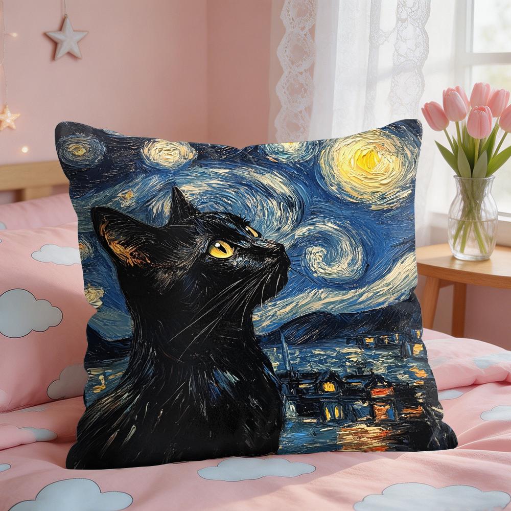 Van Gogh Starry Night Cat Cushion Cover Square Short Plush Pillow Case Living Room Sofa Home Decor Funda X