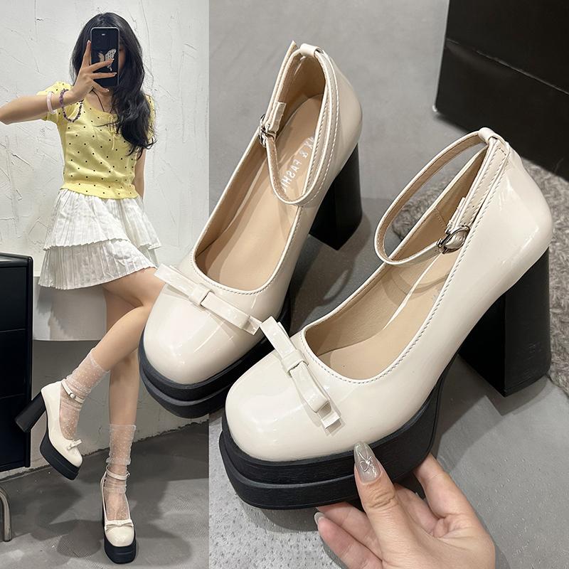 Fashion White Mary Janes High Heels Women Cute Bow Patent Leather Thick Heel Pumps Buckle Strap Lolita Shoes Black Dress Party Shoes