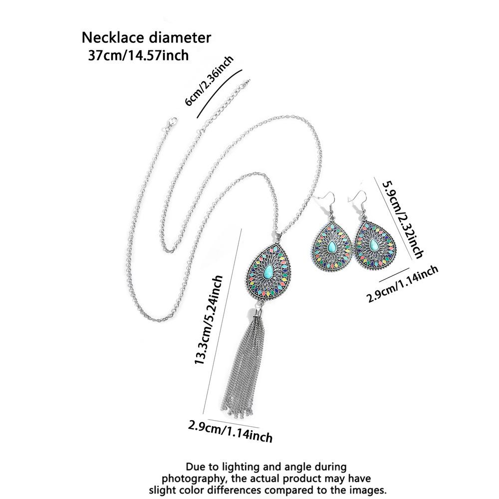 Ethnic Temperament Water Drop Earrings Necklaces Set for Women Vintage Hollow Drop Glaze Tassel Necklace Boho Female Jewelry