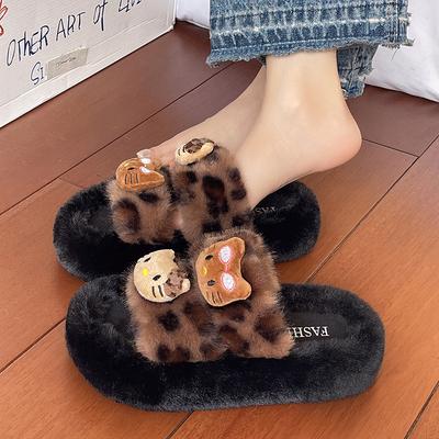 Leopard Print Thick Bottom One-word Fluffy Slippers Women Wear 2025 New Spring, Autumn and Winter Indoor Home Internet Celebrity Cotton Slippers